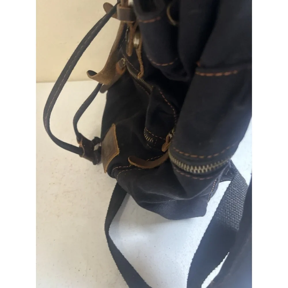 Augur Jans Canvas Hiking School Backpack Black/Brown Leather Straps Buckle Zip